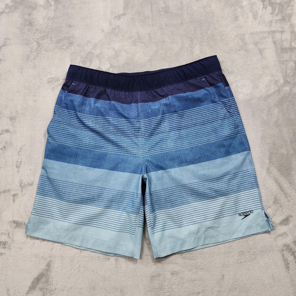 Speedo Swim Trunks Mens M Blue Striped Lined Elastic Waist Zip Pocket Beach